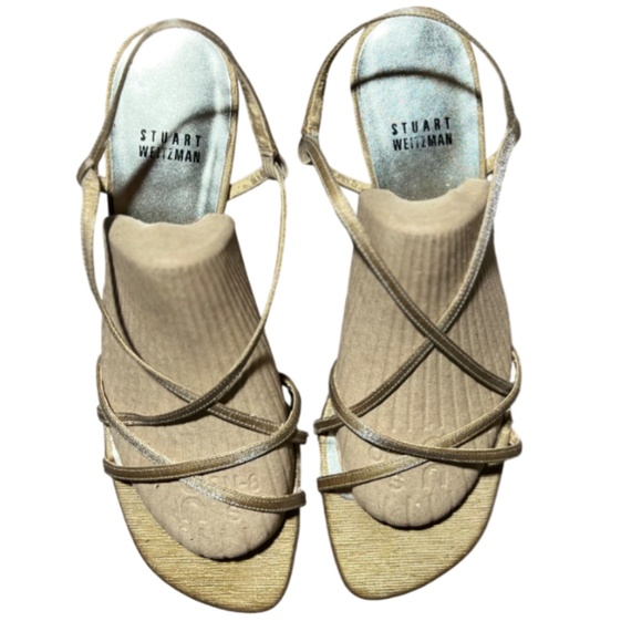 Stuart Weitzman Gold Strappy Kitten Heel Sandals - Picture 2 of 10